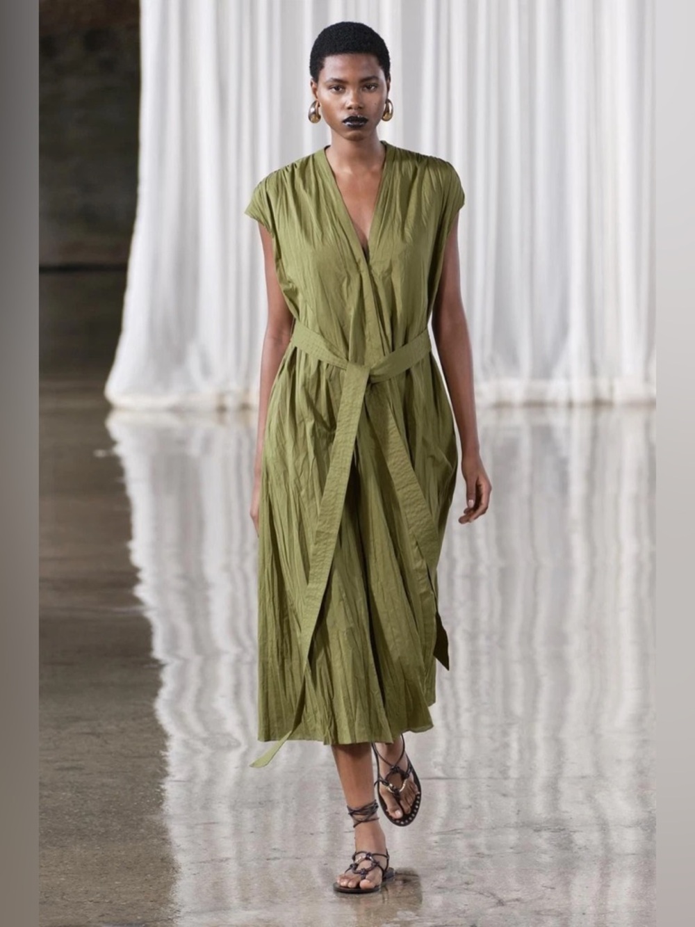 Zara Olive Green Sleeveless Wrap Midi Dress, Size S